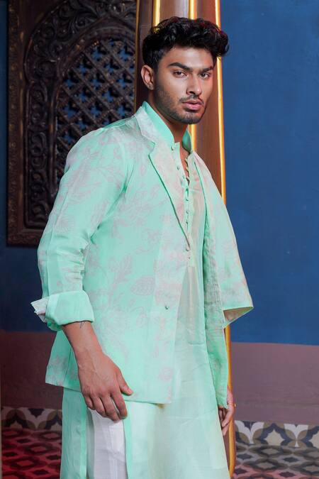 Buy_Ankur J_Green Habutai Silk Printed Floral Asymmetric Overlay Jacket Kurta Set _Online_at_Aza_Fashions