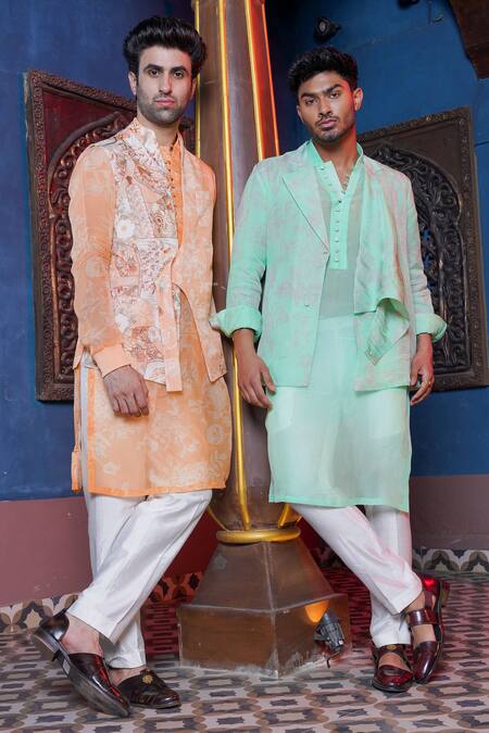 Shop_Ankur J_Green Habutai Silk Printed Floral Asymmetric Overlay Jacket Kurta Set 