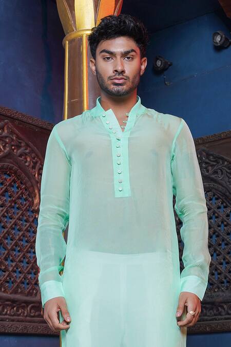 Ankur J_Green Habutai Silk Plain Sheer Kurta With Pant Pyjama _Online_at_Aza_Fashions