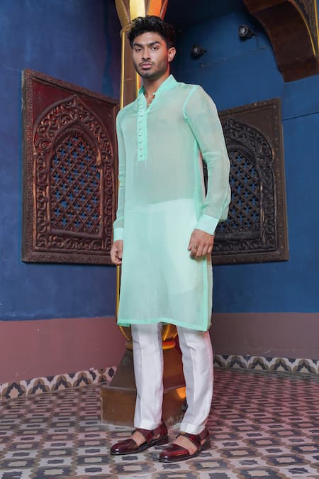 Buy_Ankur J_Green Habutai Silk Plain Sheer Kurta With Pant Pyjama _Online_at_Aza_Fashions