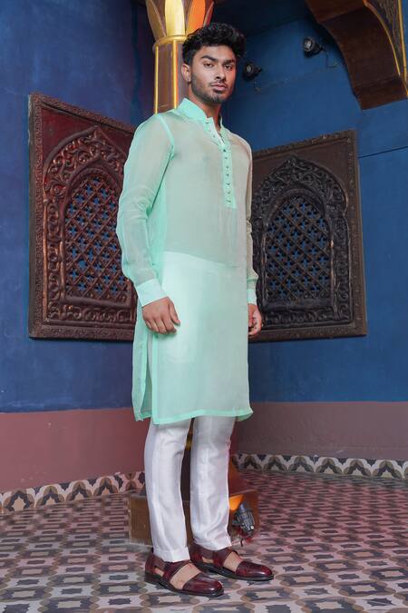 Shop_Ankur J_Green Habutai Silk Plain Sheer Kurta With Pant Pyjama _Online_at_Aza_Fashions