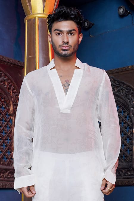 Buy Ankur J White Habutai Silk Printed Floral Tonal Kurta With Pant Pyjama Online at Aza Fashions Buy_Ankur J_White Habutai Silk Printed Floral Tonal Kurta With Pant Pyjama _Online_at_Aza_Fashions