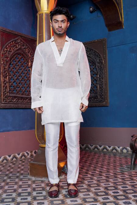 Shop_Ankur J_White Habutai Silk Printed Floral Tonal Kurta With Pant Pyjama _Online_at_Aza_Fashions