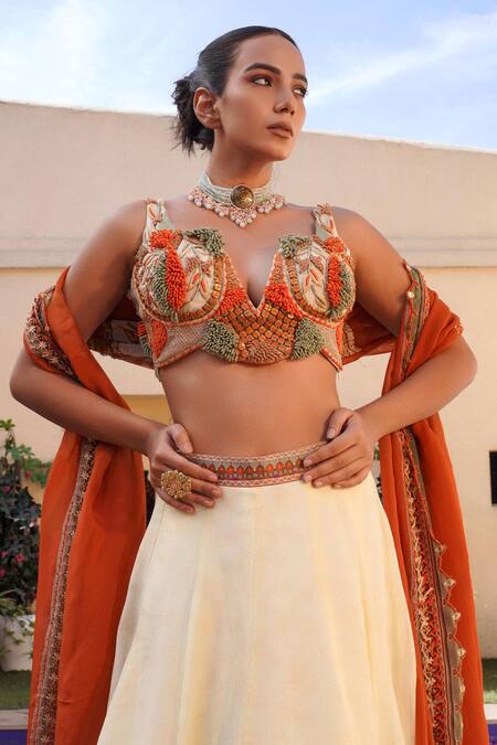 Ankur J Cream Silk Sequins, Combination Print Lehenga Set With Embellished Blouse Online at Aza Fashions Ankur J_Cream Silk Sequins, Combination Print Lehenga Set With Embellished Blouse _Online_at_Aza_Fashions