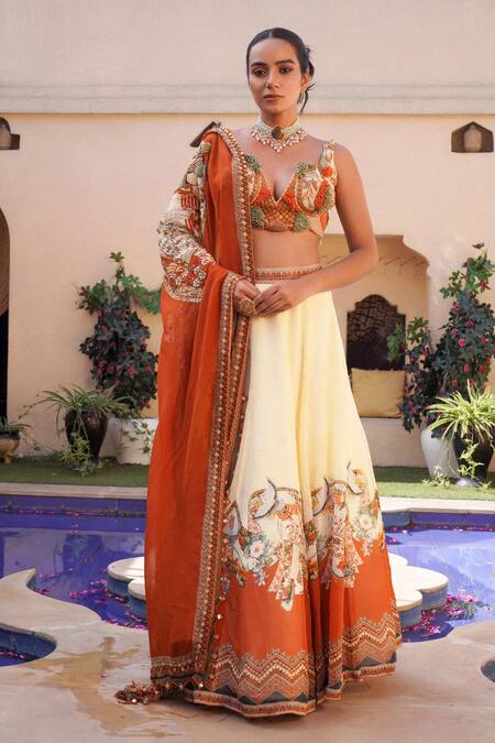 Buy Ankur J Cream Silk Sequins, Combination Print Lehenga Set With Embellished Blouse Buy_Ankur J_Cream Silk Sequins, Combination Print Lehenga Set With Embellished Blouse