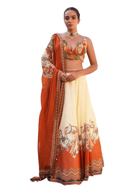 Shop Ankur J Cream Silk Sequins, Combination Print Lehenga Set With Embellished Blouse Shop_Ankur J_Cream Silk Sequins, Combination Print Lehenga Set With Embellished Blouse
