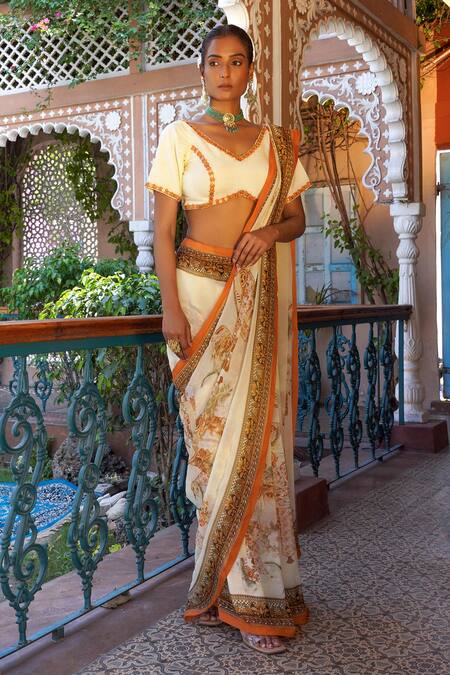 Buy Ankur J Cream Habutai Silk Printed Sequins Combination Saree With Embellished Blouse Buy_Ankur J_Cream Habutai Silk Printed Sequins Combination Saree With Embellished Blouse