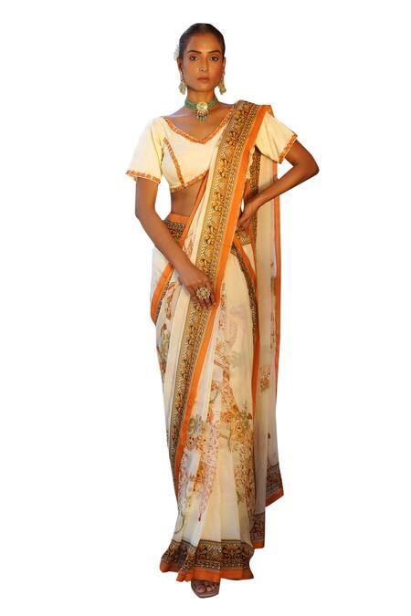 Shop Ankur J Cream Habutai Silk Printed Sequins Combination Saree With Embellished Blouse Shop_Ankur J_Cream Habutai Silk Printed Sequins Combination Saree With Embellished Blouse