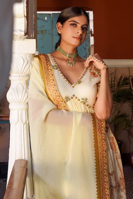 Buy Ankur J Cream Habutai Silk Printed Sequins V-neck Combination Anarkali With Dupatta Online at Aza Fashions Buy_Ankur J_Cream Habutai Silk Printed Sequins V-neck Combination Anarkali With Dupatta _Online_at_Aza_Fashions