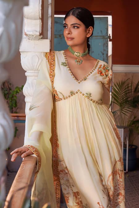 Shop Ankur J Cream Habutai Silk Printed Sequins V-neck Combination Anarkali With Dupatta Online at Aza Fashions Shop_Ankur J_Cream Habutai Silk Printed Sequins V-neck Combination Anarkali With Dupatta _Online_at_Aza_Fashions