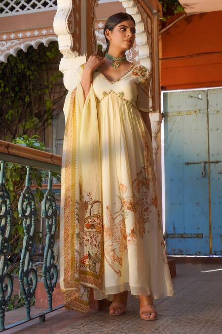 Ankur J Cream Habutai Silk Printed Sequins V-neck Combination Anarkali With Dupatta at Aza Fashions Ankur J_Cream Habutai Silk Printed Sequins V-neck Combination Anarkali With Dupatta _at_Aza_Fashions