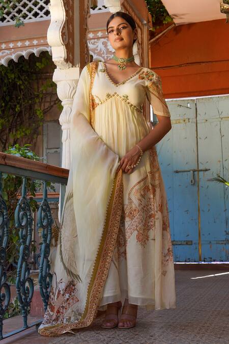 Buy Ankur J Cream Habutai Silk Printed Sequins V-neck Combination Anarkali With Dupatta Buy_Ankur J_Cream Habutai Silk Printed Sequins V-neck Combination Anarkali With Dupatta