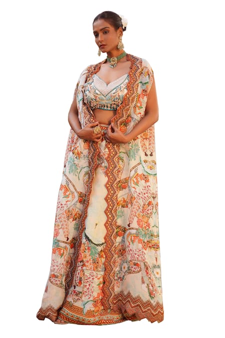 Ankur J_Cream Silk Sequins, Embroidery V-neck Combination Print Cape Palazzo Set _Online_at_Aza_Fashions