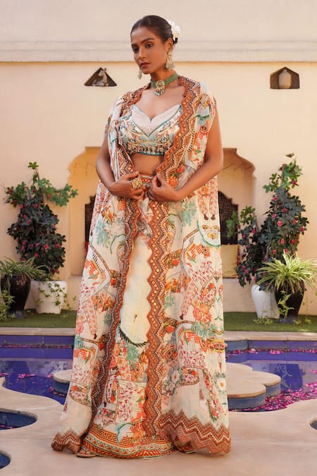 Buy_Ankur J_Cream Silk Sequins, Embroidery V-neck Combination Print Cape Palazzo Set _Online_at_Aza_Fashions