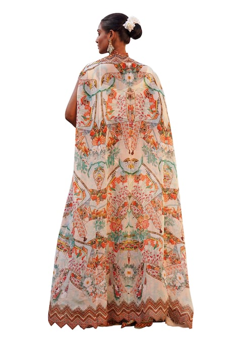 Ankur J_Cream Silk Sequins, Embroidery V-neck Combination Print Cape Palazzo Set _at_Aza_Fashions