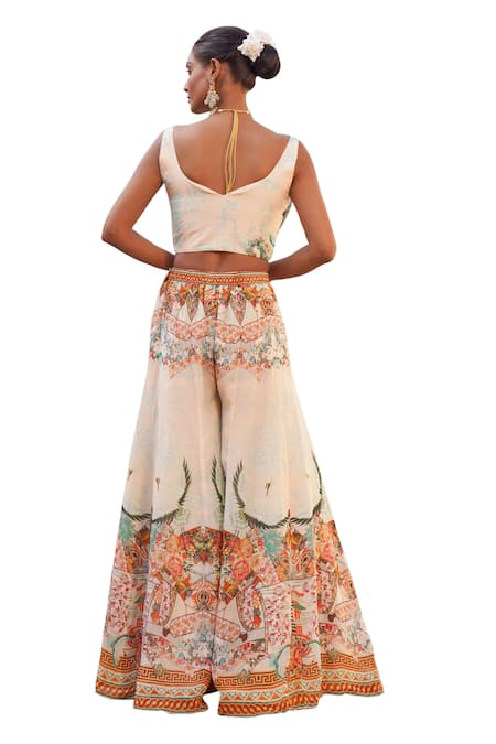 Shop_Ankur J_Cream Silk Sequins, Embroidery V-neck Combination Print Cape Palazzo Set 