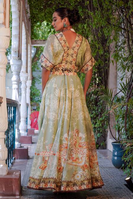 Shop_Ankur J_Green Silk Combination Print Lehenga With Cape _at_Aza_Fashions