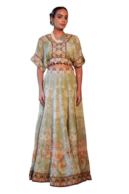 Buy_Ankur J_Green Silk Combination Print Lehenga With Cape _Online_at_Aza_Fashions