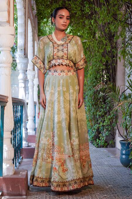 Shop_Ankur J_Green Silk Combination Print Lehenga With Cape _Online_at_Aza_Fashions