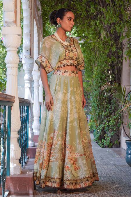 Ankur J_Green Silk Combination Print Lehenga With Cape _at_Aza_Fashions