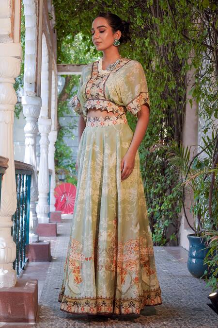 Buy_Ankur J_Green Silk Combination Print Lehenga With Cape 