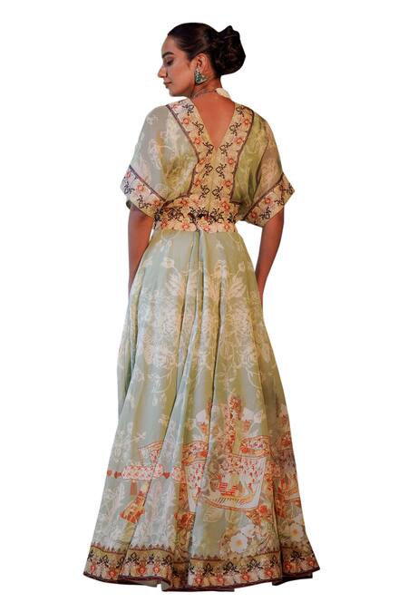 Shop_Ankur J_Green Silk Combination Print Lehenga With Cape 
