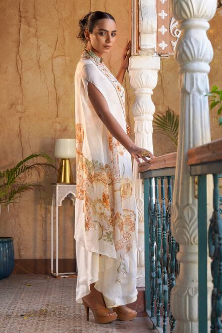 Shop_Ankur J_Ivory Silk Sequins V-neck Mix Print Cape Draped Pant Set _at_Aza_Fashions