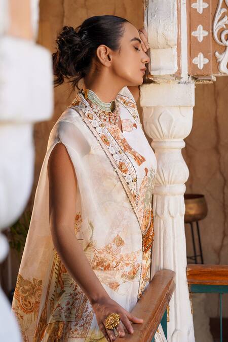Ankur J_Ivory Silk Sequins V-neck Mix Print Cape Draped Pant Set _Online_at_Aza_Fashions