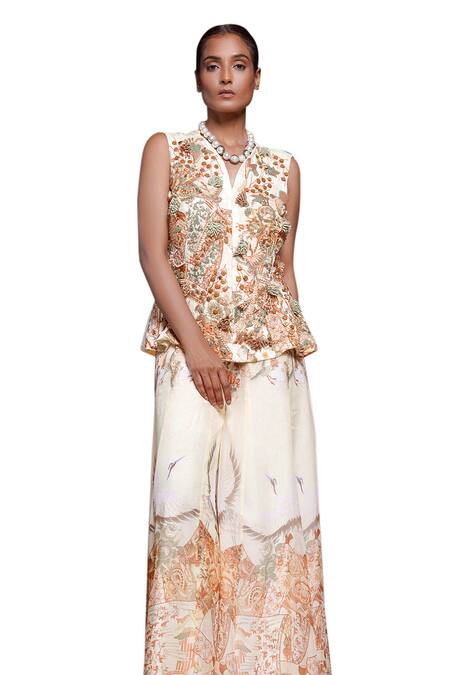 Shop_Ankur J_Cream Silk Sequins, Embroidery V-neck Threadwork Jacket With Printed Palazzo _Online_at_Aza_Fashions