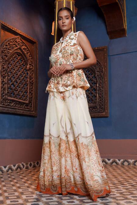 Ankur J_Cream Silk Sequins, Embroidery V-neck Threadwork Jacket With Printed Palazzo _at_Aza_Fashions
