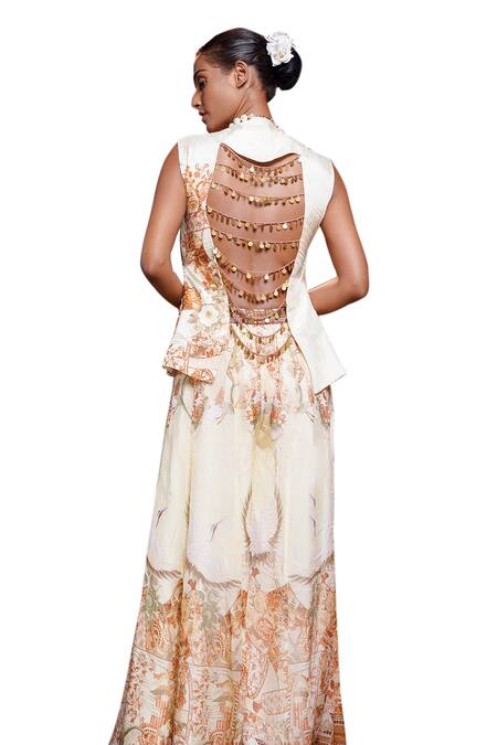 Shop_Ankur J_Cream Silk Sequins, Embroidery V-neck Threadwork Jacket With Printed Palazzo 