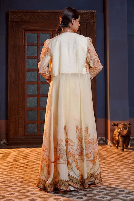 Shop_Ankur J_Cream Silk Sequins, Embroidery Plunge Neck Mix Print Jacket Pre-draped Saree Set _at_Aza_Fashions