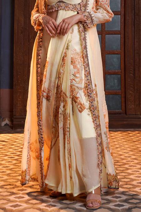 Ankur J_Cream Silk Sequins, Embroidery Plunge Neck Mix Print Jacket Pre-draped Saree Set _Online_at_Aza_Fashions