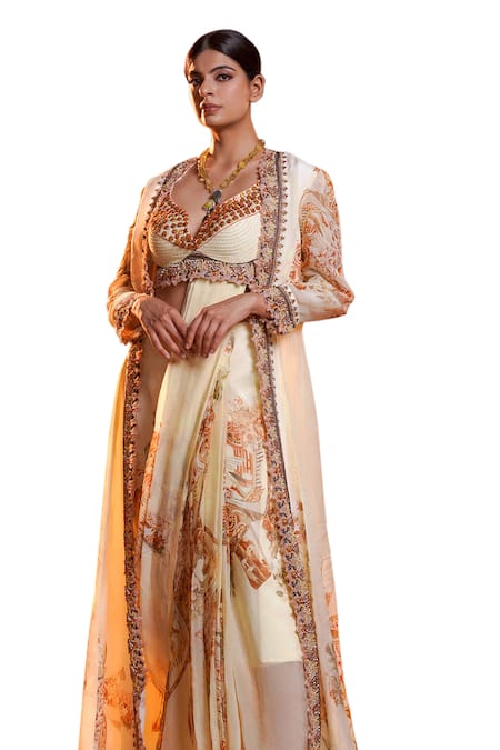 Buy_Ankur J_Cream Silk Sequins, Embroidery Plunge Neck Mix Print Jacket Pre-draped Saree Set _Online_at_Aza_Fashions