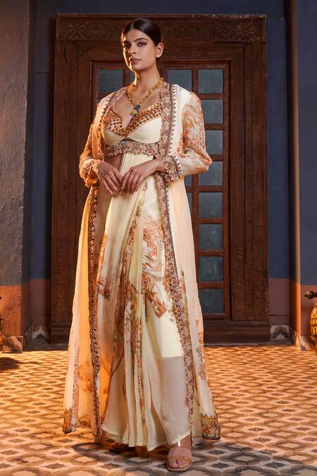 Shop_Ankur J_Cream Silk Sequins, Embroidery Plunge Neck Mix Print Jacket Pre-draped Saree Set _Online_at_Aza_Fashions