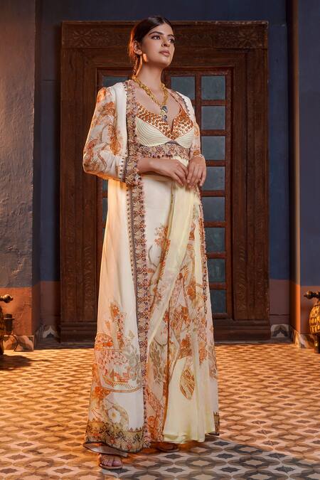 Ankur J_Cream Silk Sequins, Embroidery Plunge Neck Mix Print Jacket Pre-draped Saree Set _at_Aza_Fashions