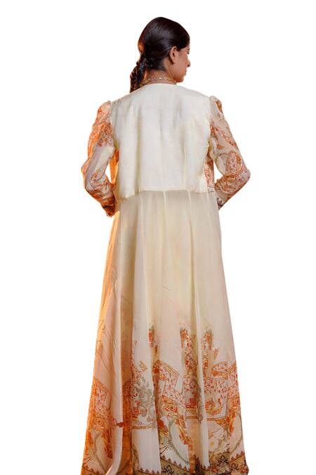 Buy_Ankur J_Cream Silk Sequins, Embroidery Plunge Neck Mix Print Jacket Pre-draped Saree Set 