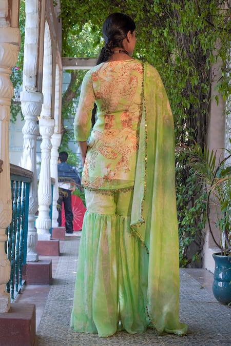 Shop Ankur J Green Habutai Silk Printed Sequins V-neck Floral Mix Kurta Gharara Set at Aza Fashions Shop_Ankur J_Green Habutai Silk Printed Sequins V-neck Floral Mix Kurta Gharara Set _at_Aza_Fashions