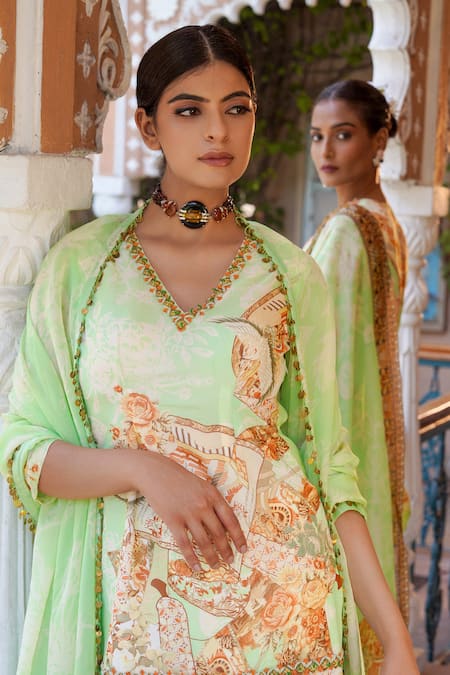 Ankur J Green Habutai Silk Printed Sequins V-neck Floral Mix Kurta Gharara Set Online at Aza Fashions Ankur J_Green Habutai Silk Printed Sequins V-neck Floral Mix Kurta Gharara Set _Online_at_Aza_Fashions