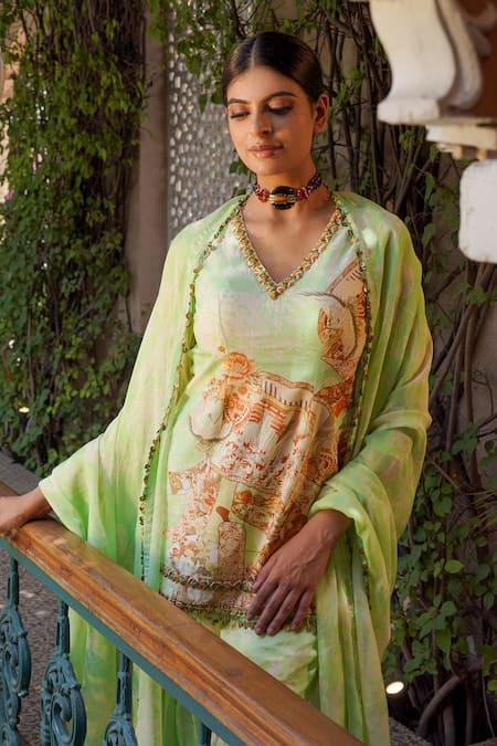 Buy Ankur J Green Habutai Silk Printed Sequins V-neck Floral Mix Kurta Gharara Set Online at Aza Fashions Buy_Ankur J_Green Habutai Silk Printed Sequins V-neck Floral Mix Kurta Gharara Set _Online_at_Aza_Fashions