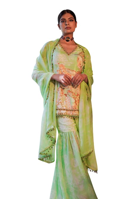 Shop Ankur J Green Habutai Silk Printed Sequins V-neck Floral Mix Kurta Gharara Set Online at Aza Fashions Shop_Ankur J_Green Habutai Silk Printed Sequins V-neck Floral Mix Kurta Gharara Set _Online_at_Aza_Fashions