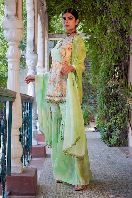 Buy Ankur J Green Habutai Silk Printed Sequins V-neck Floral Mix Kurta Gharara Set Buy_Ankur J_Green Habutai Silk Printed Sequins V-neck Floral Mix Kurta Gharara Set