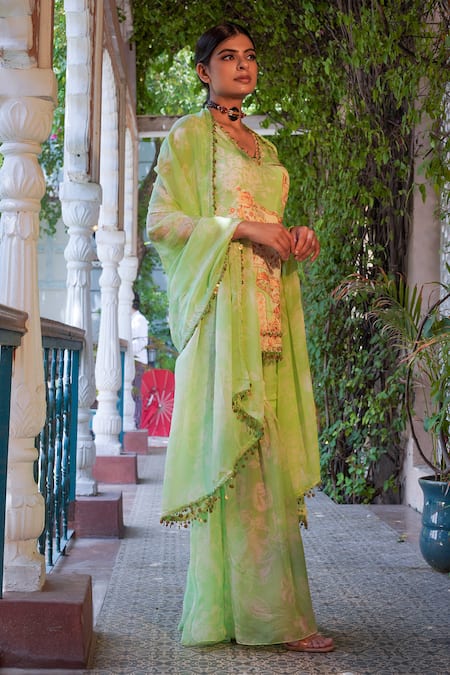 Shop Ankur J Green Habutai Silk Printed Sequins V-neck Floral Mix Kurta Gharara Set Shop_Ankur J_Green Habutai Silk Printed Sequins V-neck Floral Mix Kurta Gharara Set