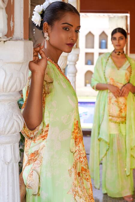 Buy Ankur J Green Habutai Silk Printed Sequins V-neck Floral Mix Anarkali Palazzo Set Online at Aza Fashions Buy_Ankur J_Green Habutai Silk Printed Sequins V-neck Floral Mix Anarkali Palazzo Set _Online_at_Aza_Fashions