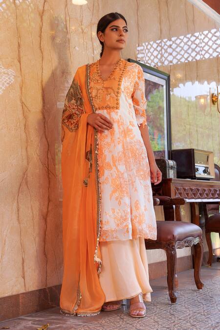 Ankur J Ivory Habutai Silk Printed Sequins V-neck Floral Mix A-line Kurta Palazzo Set Online at Aza Fashions Ankur J_Ivory Habutai Silk Printed Sequins V-neck Floral Mix A-line Kurta Palazzo Set _Online_at_Aza_Fashions