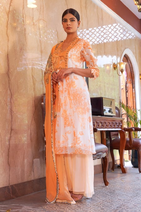 Buy Ankur J Ivory Habutai Silk Printed Sequins V-neck Floral Mix A-line Kurta Palazzo Set Online at Aza Fashions Buy_Ankur J_Ivory Habutai Silk Printed Sequins V-neck Floral Mix A-line Kurta Palazzo Set _Online_at_Aza_Fashions