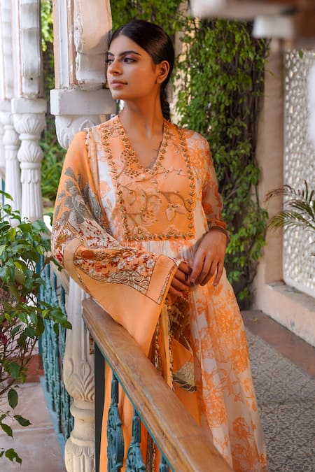 Shop Ankur J Ivory Habutai Silk Printed Sequins V-neck Floral Mix A-line Kurta Palazzo Set Online at Aza Fashions Shop_Ankur J_Ivory Habutai Silk Printed Sequins V-neck Floral Mix A-line Kurta Palazzo Set _Online_at_Aza_Fashions