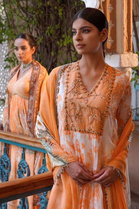 Buy Ankur J Ivory Habutai Silk Printed Sequins V-neck Floral Mix A-line Kurta Palazzo Set Buy_Ankur J_Ivory Habutai Silk Printed Sequins V-neck Floral Mix A-line Kurta Palazzo Set