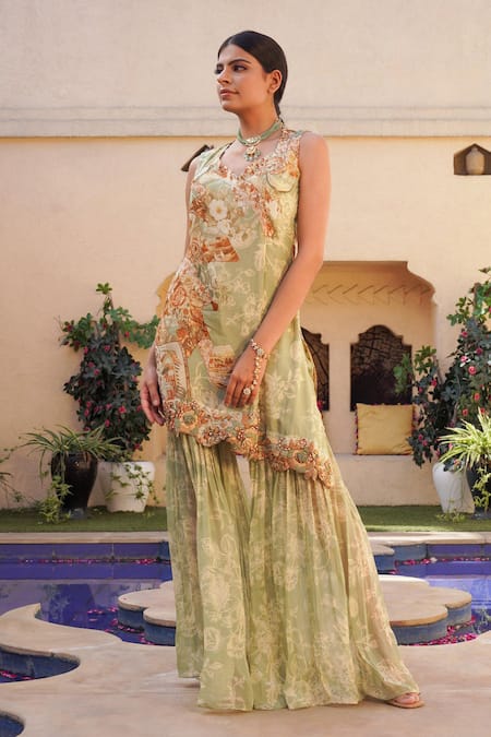 Shop Ankur J Green Silk Sequins, Embroidery Floral Mix Print Asymmetric Kurta With Gharara at Aza Fashions Shop_Ankur J_Green Silk Sequins, Embroidery Floral Mix Print Asymmetric Kurta With Gharara _at_Aza_Fashions