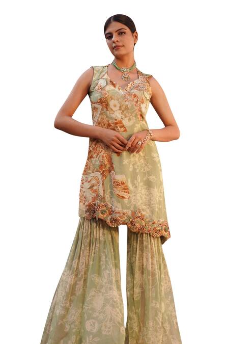 Buy Ankur J Green Silk Sequins, Embroidery Floral Mix Print Asymmetric Kurta With Gharara Online at Aza Fashions Buy_Ankur J_Green Silk Sequins, Embroidery Floral Mix Print Asymmetric Kurta With Gharara _Online_at_Aza_Fashions